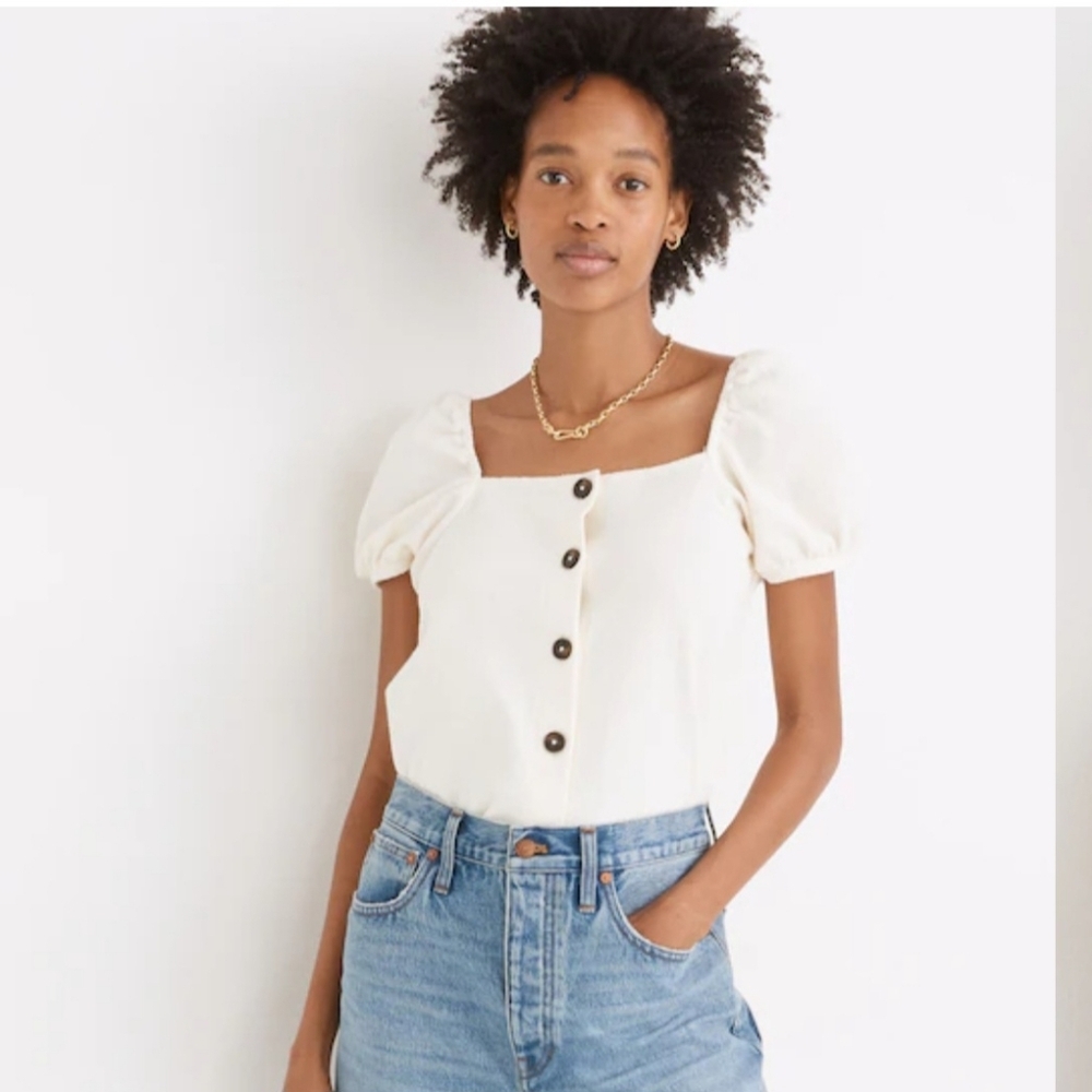 Madewell Jacquard Square Neck Puff Sleeve Button Front Top Ivory Size XL - Picture 1 of 10